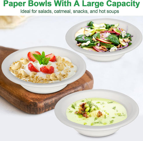 20oz Paper Bowls Disposable, 50 Pack Heavy Duty Compostable Bowls for Hot Soup, Salad, Ice Cream, Biodegradable