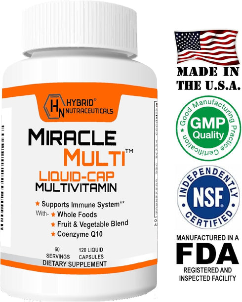 Hybrid Nutraceuticals MiracleMulti Liquid Multivitamin Capsules for Men & Women, Daily Vitamin & Mineral Supplement,