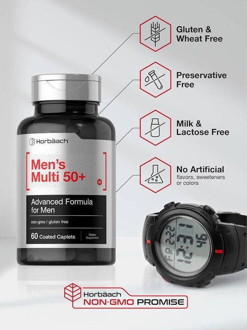Horbaeach Men's Multivitamin 50 Plus | 60 Caplets | Non-GMO & Gluten Free Supplement