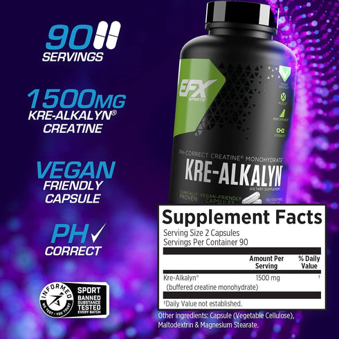 EFX Sports Kre-Alkalyn EFX Creatine Monohydrate Pill Supplement, Vegan Friendly, 90 Servings, 180 Veggie Capsules