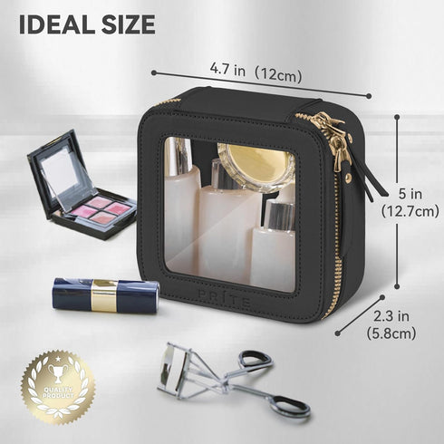 Mini Clear Makeup Bag for Purse - Cute Small Travel Cosmetic Bag for Women, Waterproof Leather Pouch with Gold Zipper