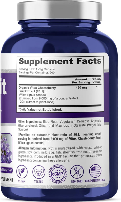 NusaPure Vitex Chasteberry Fruit Extract, 450 mg, 200 Vegan Capsules, Non-GMO