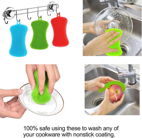 Qaeoity 6 Pack Silicone Sponge Dish Washing Kitchen Scrubber, Reusable Dish Washing Cleaning Sponges Double-Sided
