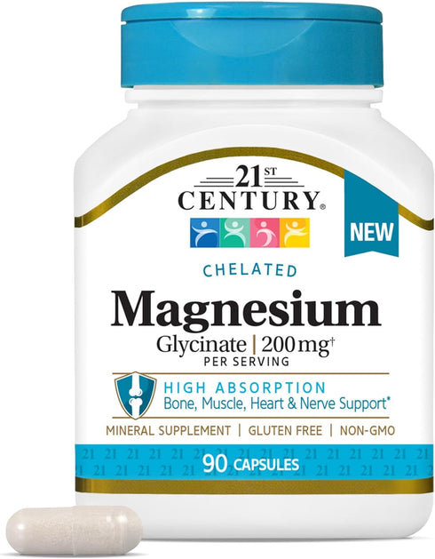21st Century Magnesium Glycinate 200 mg Capsules, 90 Count per Serving