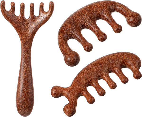 Trinkrittey 3 Pcs Wooden Head Scalp Massager Comb Hair Gua Sha Comb Wooden