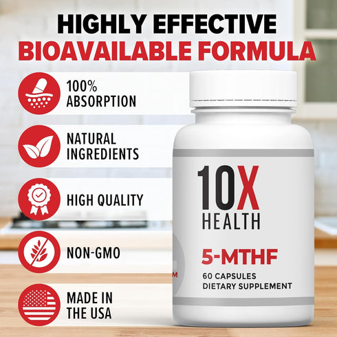 10X Health 5 MTHF Supplement, 60 Capsules, Methylated Multivitamin with Magnesium for Brain & Heart Health