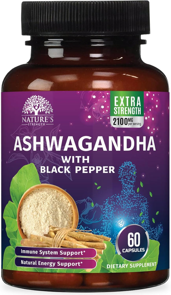 Nature's Strength Ashwagandha Supplements - High-Absorption Ashwagandha Root Extract Powder with Black Pepper for