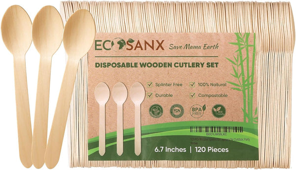 120 PCs Wooden spoons for eating | 6.5" Splinter Free Compostable spoons, Biodegradable, Eco-Friendly | 100% All - Natural small wooden spoons for Outdoor, Party & More - Disposable wooden spoons set by ECOSANX