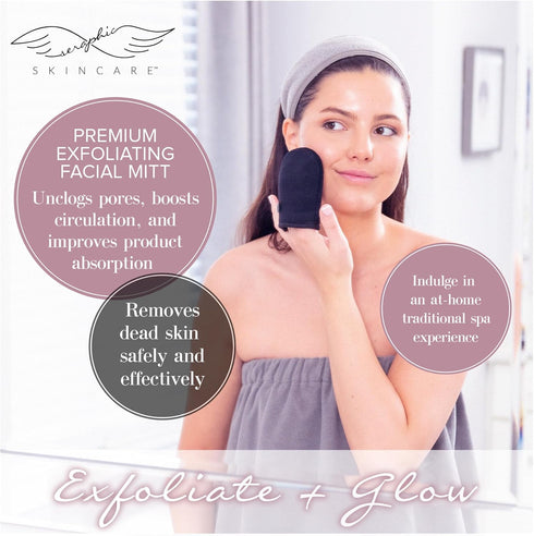 Seraphic Skincare Premium Exfoliating Facial Mitt – 100% Vegan Dual-Sided Face Mitten with Viscose & Washcloth – Facial Scrub Pad for Gentle Cleansing & Exfoliation – Natural Dead Skin Remover