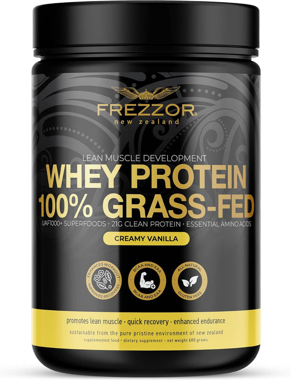 FREZZOR 100% Grass-Fed Whey Protein Powder - Vanilla Flavor with 21g Protein, Keto Friendly, 600 Grams
