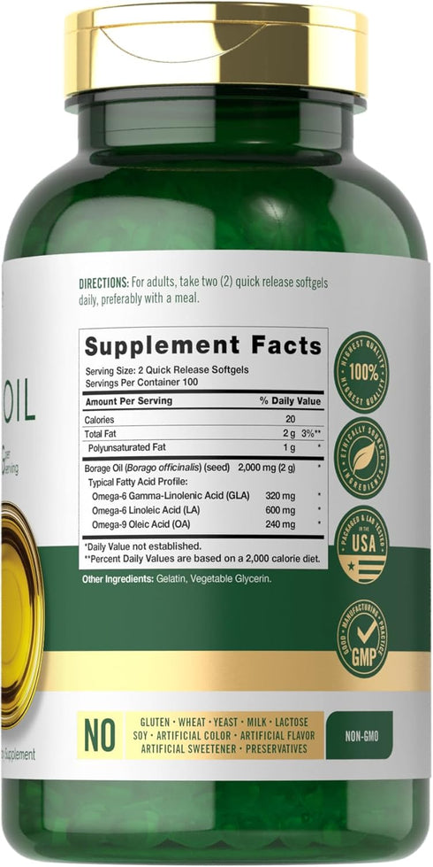 Carlyle Borage Oil Capsules | 2000mg | 200 Softgels | 320mg of GLA | Cold Pressed Seed Oil Supplement | Hexane Free | Non-GMO & Gluten Free