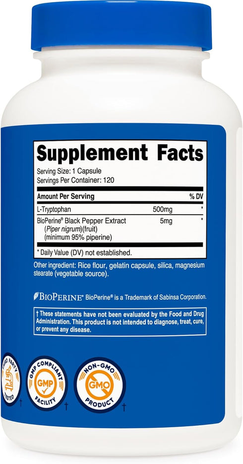 Nutricost L-Tryptophan 500mg, 120 Capsules with BioPerine, Gluten Free, Non-GMO