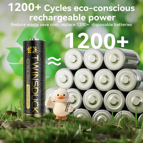 TWINSDUCK 8 Pack, 2800mAh AA Rechargeable Batteries Pre-Charged NiMH Batteries for Remotes, Clocks, Toys, flashlights