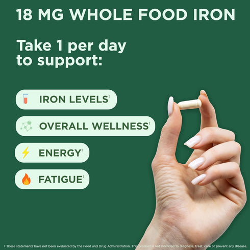 Yuve 100% Vegan Whole Food Iron Supplement 18mg – Non-Constipating, Gentle on Stomach, Energy Support, 60 Capsules