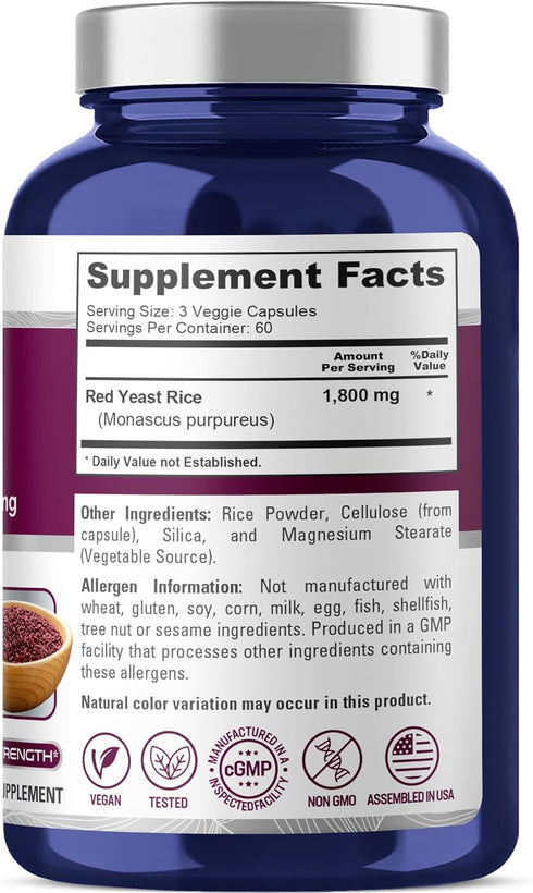 NusaPure Red Yeast Rice 1800mg, 180 Veggie Capsules (Non-GMO, Vegan)