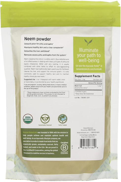 Banyan Botanicals Neem Powder - Organic Azadirachta Indica, 1/2 lb, Purifying Ayurvedic Herb, Non-GMO Vegan