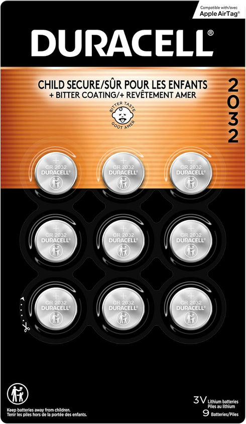 Duracell 2032 Lithium Battery, 9 Count Pack with Child Safety Features, Compatible with Apple AirTag, Key Fob