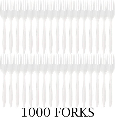 Plasticpro Medium Weight Disposable Cutlery, Plastic Forks (White, 1000 Forks)