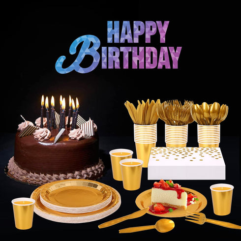 175 Pieces Gold Disposable Party Dinnerware Set - Gold Plates, Napkins, Cups, Plastic Forks, Knives, Spoons