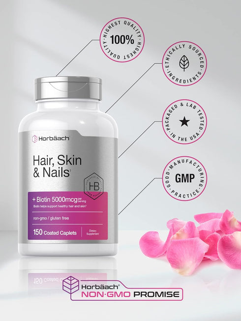 Horbaeach Hair Skin and Nails Vitamins | 150 Caplets with Biotin and Collagen | Non-GMO, Gluten Free Supplement