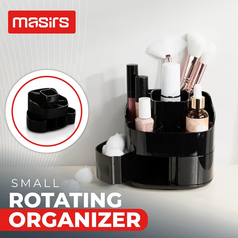 Masirs Small Rotating Makeup Organizer - A Mini Yet Spacious Cosmetic Storage Solution with Multiple Compartments. The Perfect Spinning Make-Up Caddy for Vanity or Bathroom Counter. (Square - Black) by Masirs