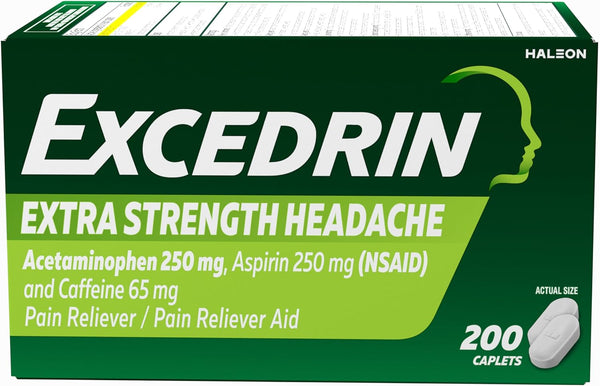Excedrin Extra Strength Pain Relief Caplets for Headache, Acetaminophen 250mg, Aspirin 250mg, 200 Count