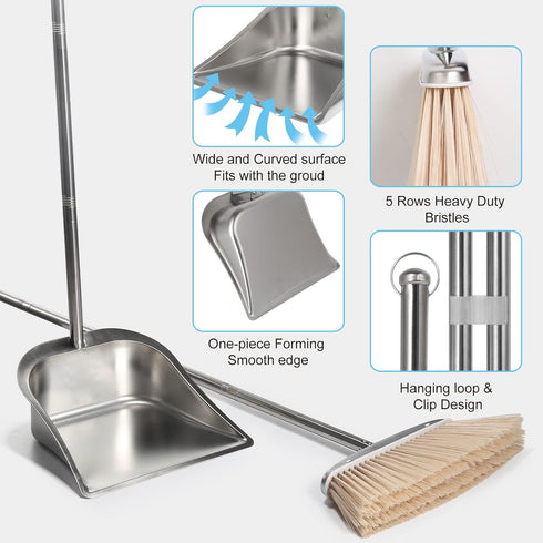 Stainless Steel Broom and Dustpan Set for Home, Heavy Duty Long Handle Dustpan Broom Set for Indoor Outdoor Kitchen Use