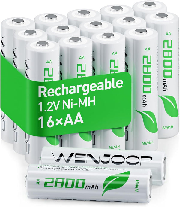 WENJOOP AA Rechargeable Batteries 16 Pack, 2800mAh NiMH 1.2V, Low Self-Discharge, Long-Lasting Double