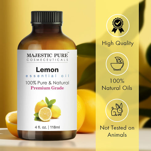 MAJESTIC PURE 100% Pure Lemon Essential Oil - 4 Fl Oz for Hair Care, Skin, Aromatherapy
