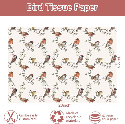 JarThenaAMCS 60 Sheets Bird Tissue Paper Bird Branch Gift Wrapping Paper Decorative Art Paper for DIY Crafts Spring Wedding Birthday Baby Shower Party Home Decor, 14 x 20 Inch by JarThenaAMCS