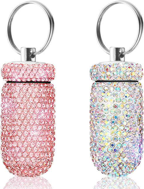 2 Pack Portable Pill Case, Bling Rhinestone Pill Container Box, Waterproof Medication Holder Organizer with Keychain