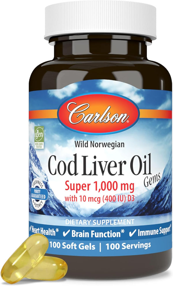 Cod Liver Oil, Super 1000 mg + Vitamins A & D3, Wild Norwegian, Carlson, 100 Softgels