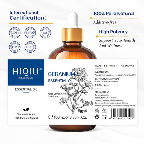 HIQILI 100ML Geranium Essential Oil - 100% Pure and Natural for Skin, Diffuser & Candle - 3.38 Fl. Oz