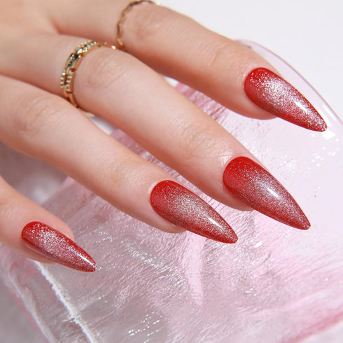Red Cat Eye Press on Nails, Long Stiletto Glitter Fake Nails, Handmade Glossy Acrylic Full Cover 24Pcs