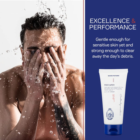 SEVEN POTIONS Face Wash for Men 3.4 FL OZ, Gentle Facial Cleanser for All Skin Types, Natural, Vegan, Cruelty Free