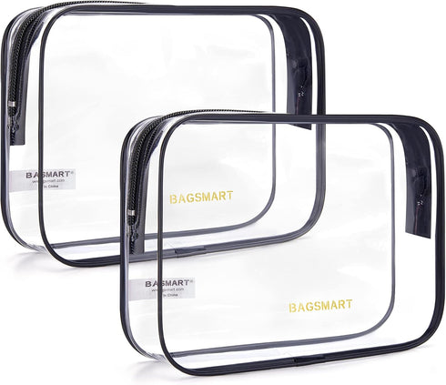 BAGSMART Clear Toiletry Bag, 2 Pack TSA Approved Travel Accessories, Water Repellent Makeup Cosmetic Bag (Black-2pcs)