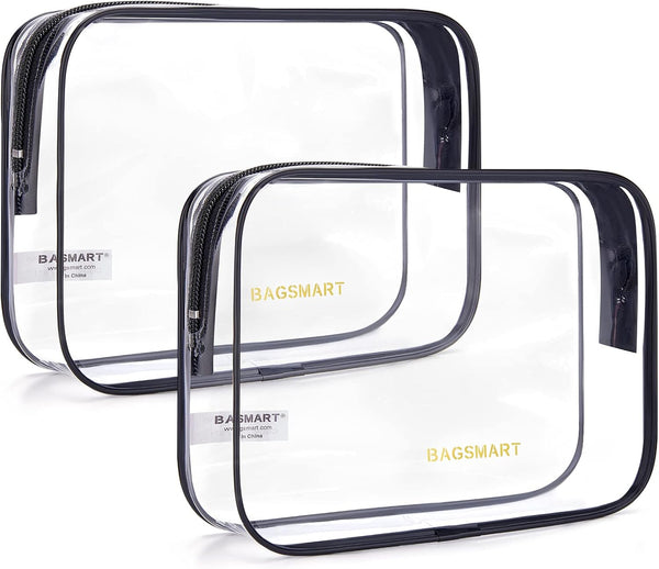 BAGSMART Clear Toiletry Bag, 2 Pack TSA Approved Travel Accessories, Water Repellent Makeup Cosmetic Bag (Black-2pcs)