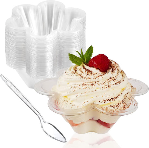 50ct 8oz Clear Plastic Dessert Cups with Spoons, Disposable Flower Shaped Ice Cream Bowls for Parties