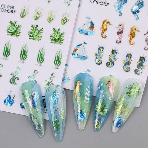 Sea Animals Nail Art Adhesive Sticker, 3D Self-Adhesive Decals, Holographic Shell Fish Jellyfish Decoration