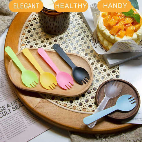 4.3" Mini Disposable Sporks, 100ct Plastic 2-in-1 Utensils, 4 Colors, 25ct Individual Package Per Color