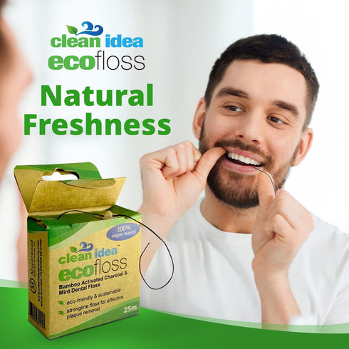 Ecofloss Charcoal Mint Dental Floss, 6x25m - Unwaxed Bamboo Floss, Organic, Biodegradable Floss Refill