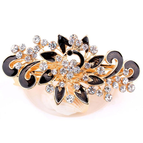Women's Multilayered Peacock Shaped Rhinestone French Barrette Hair Clip, Black
