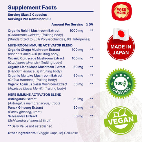 Japanese Reishi Mushroom Complex Supplement 1500mg - Reishi,Chaga,Cordyceps,Lion's Mane,Maitake,Agaricus Mushrooms Extract & 3 Herb,Organic Mushroom Capsules for Immune,Brain,Energy (Pack of 1)