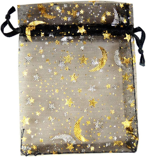 SUNGULF 100Pcs Sheer Organza Drawstring Pouches, 4x5 Inches, Stars And Moon Wedding Party Favor Bags (Black)
