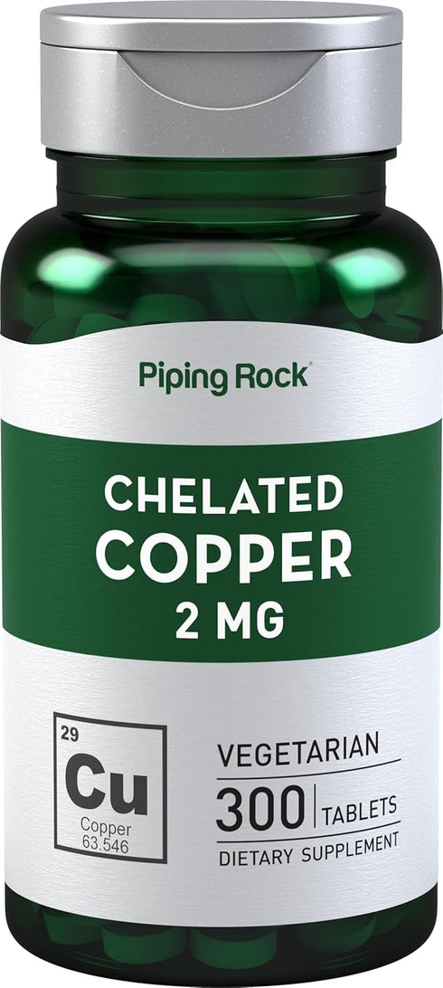 Chelated Copper 2 mg | 300 Tablets | Vegetarian, Non-GMO, Gluten Free Supplement by Piping Rock