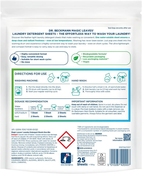 Dr. Beckmann MAGIC LEAVES Laundry Detergent Sheets, NON-BIO, 25 Sheets
