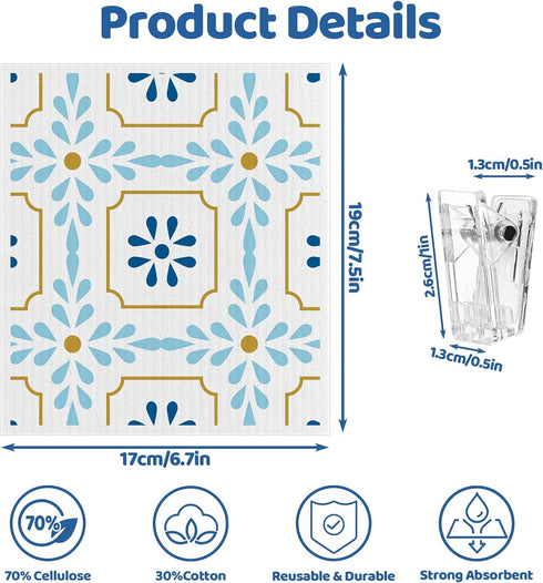 6 Pack Swedish Dishcloths for Kitchen, Reusable Paper Towels Swedish Dish Towels with Clips, Absorbent Dish Cloth No Odor for Cleaning Home Kitchen(Geometric Patterns)