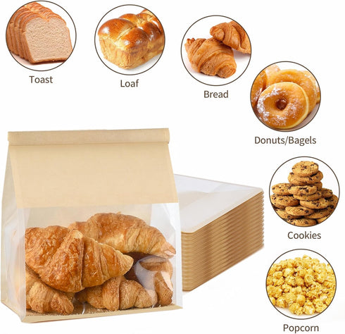 Ocmoiy 100Pcs (8.7x4.3x11 Inch) Large Paper Bread Bags, Resealable Sourdough Bread Bags, Clear Front Tin Tie Tab Lock