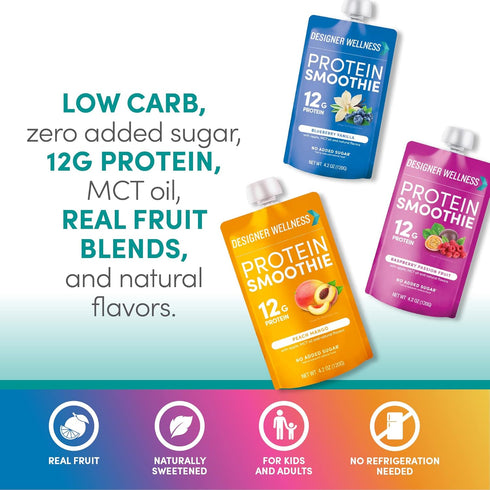 Designer Wellness Protein Smoothie, Real Fruit, 12g Protein, Low Carb, Zero Added Sugar, 12 Count