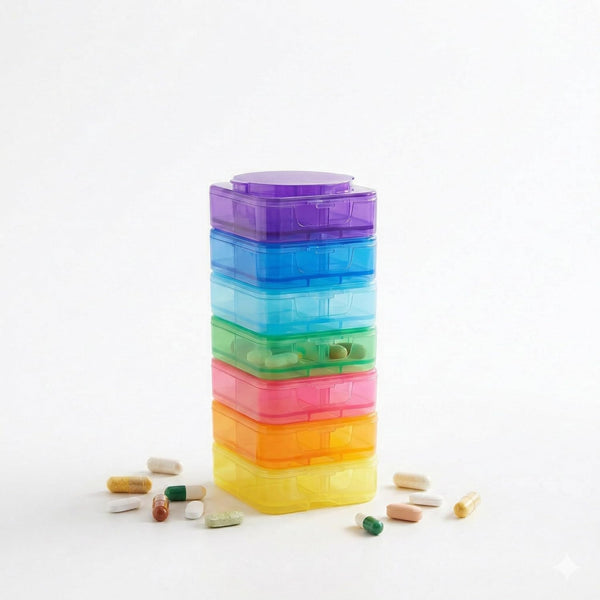 Leezaule Pill Organizer 4 Times A Day 7 Days Stackable Twist-Lock Rainbow Color-Coded